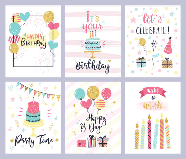 Birthday party cards. happy birthday pastel celebration postcards, invitation with candle, golden baloons and confetti, cake vector set Birthday party cards. happy birthday pastel celebration postcards, invitation with candle, golden balloons and confetti, cake. kids cheerful holiday flyers vector templates Birthday  for Kids stock illustrations