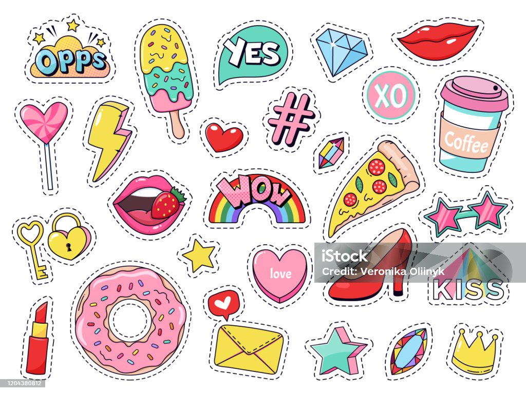 Modepatches. Grappige doodle meisjekentekens, tiener leuke beeldverhaalstickers met grappig voedsel, pizza en donut, rode lippen en edelstenen geïsoleerde vectorillustratiereeks - Royalty-free Sticker vectorkunst