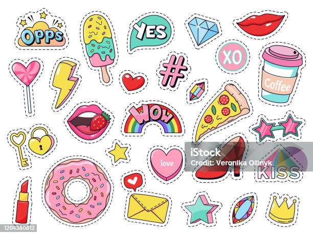 Modepatches Grappige Doodle Meisjekentekens Tiener Leuke Beeldverhaalstickers Met Grappig Voedsel Pizza En Donut Rode Lippen En Edelstenen Geïsoleerde Vectorillustratiereeks Stockvectorkunst en meer beelden van Sticker