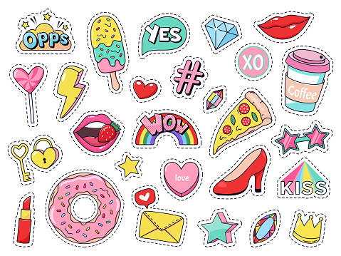 Fashion patches. Comic doodle girl badges, teenage cute cartoon stickers with funny food, pizza and donut, red lips and gems isolated vector illustration set