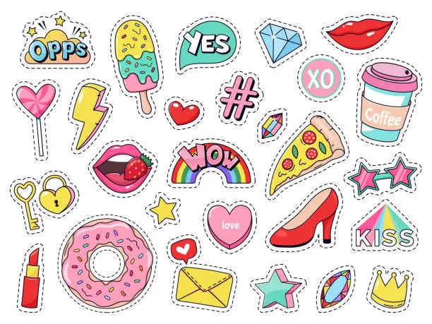 Vector illustration of Fashion patches. Comic doodle girl badges, teenage cute cartoon stickers with funny food, pizza and donut, red lips and gems isolated vector illustration set