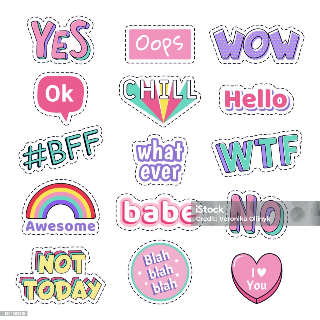 Teenage Speech Patch Stickers Girls Fashion Funny Text Patches Oops Wow Omg  Cute Doodle Teenage Pop Art Sticker Vector Illustration Icon Set Stock  Illustration - Download Image Now - iStock