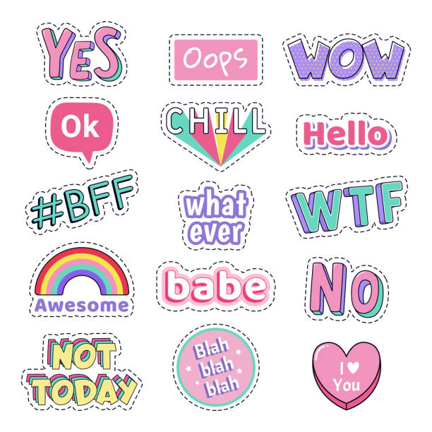 Teenage speech patch stickers. Girls fashion funny text patches. Oops, Wow, Omg cute doodle teenage pop art sticker, vector illustration icon set Teenage speech patch stickers. Girls fashion funny text patches. Oops, Wow and Yes, No cute doodle teenage pop art sticker, vector illustration icon set. WTF, Chill and Hello funny text bubbles word cool stock illustrations