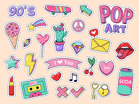 Fashion pop art patch stickers. Girls cartoon cute badges, doodle teenage patches with lipstick, cute food and 90s elements, retro sticker pack vector illustration icons with music cassette, lollipop