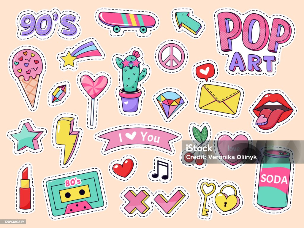 Fashion Pop Art Patch Stickers Girls Cartoon Cute Badges Doodle Teenage  Patches With Lipstick Cute Food And 90s Elements Retro Sticker Pack Vector  Illustration Icon Set Stock Illustration - Download Image Now -