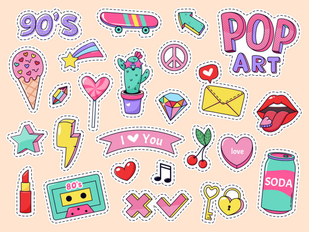 Fashion pop art patch stickers. Girls cartoon cute badges, doodle teenage patches with lipstick, cute food and 90s elements, retro sticker pack vector illustration icon set Fashion pop art patch stickers. Girls cartoon cute badges, doodle teenage patches with lipstick, cute food and 90s elements, retro sticker pack vector illustration icons with music cassette, lollipop audio cassette illustrations stock illustrations