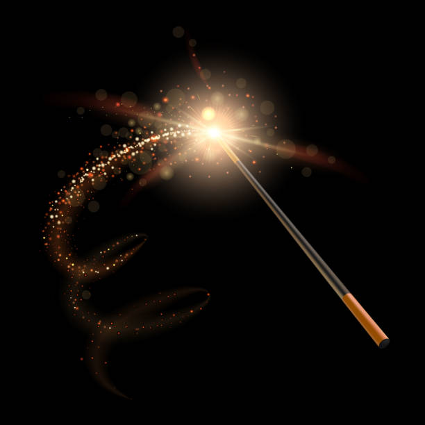 Wizard magic wand. Sparkles wizard glitter trail and miracle magician wand, magical stick with sparkle transparent lights vector illustration Wizard magic wand. Sparkles wizard glitter golden trail and miracle isolated magician wand, magical stick with sparkle transparent lights vector illustration. mystery illusion concept magic trick stock illustrations