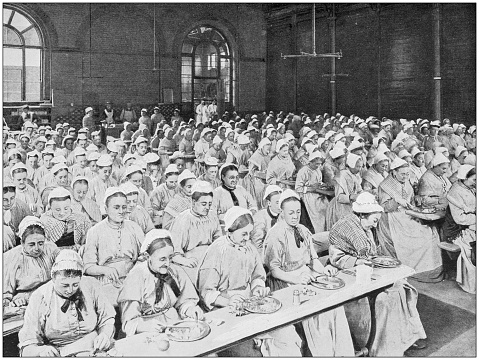 Antique photograph of the British Empire: Dinner time in St Pancras Workhouse, London