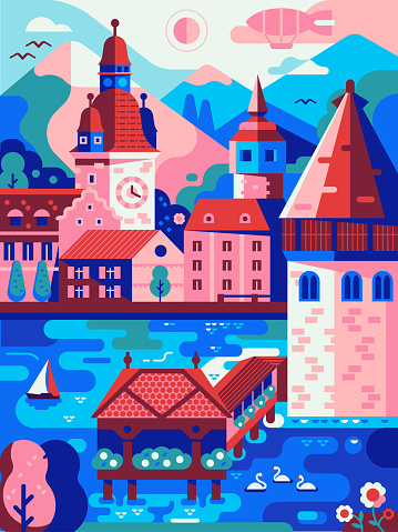 Summer Switzerland travel poster inspired by Lucerne landscape. Vertical swiss panorama with old town on lake, Alps mountains, clock tower, swans and wooden bridge. Spring city print in retro style.