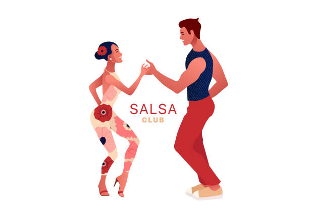 Happy Valentine's Day. Salsa in the city. Street dancing. Beautiful couple dancing. People in love. Happy Valentine's Day. Salsa party club. Beautiful young couple dancing salsa in the city. Street dancing. People in love, dating. Vector illustration cartoon style. Dance studio logo. female salsa dancer stock illustrations