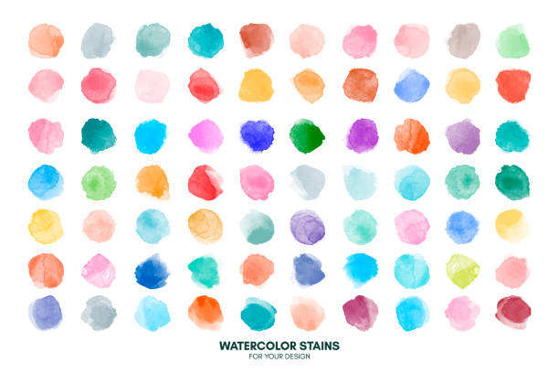 Set of colorful watercolor hand painted round shapes, stains, circles, blobs isolated on white. Illustration for artistic design vector art illustration