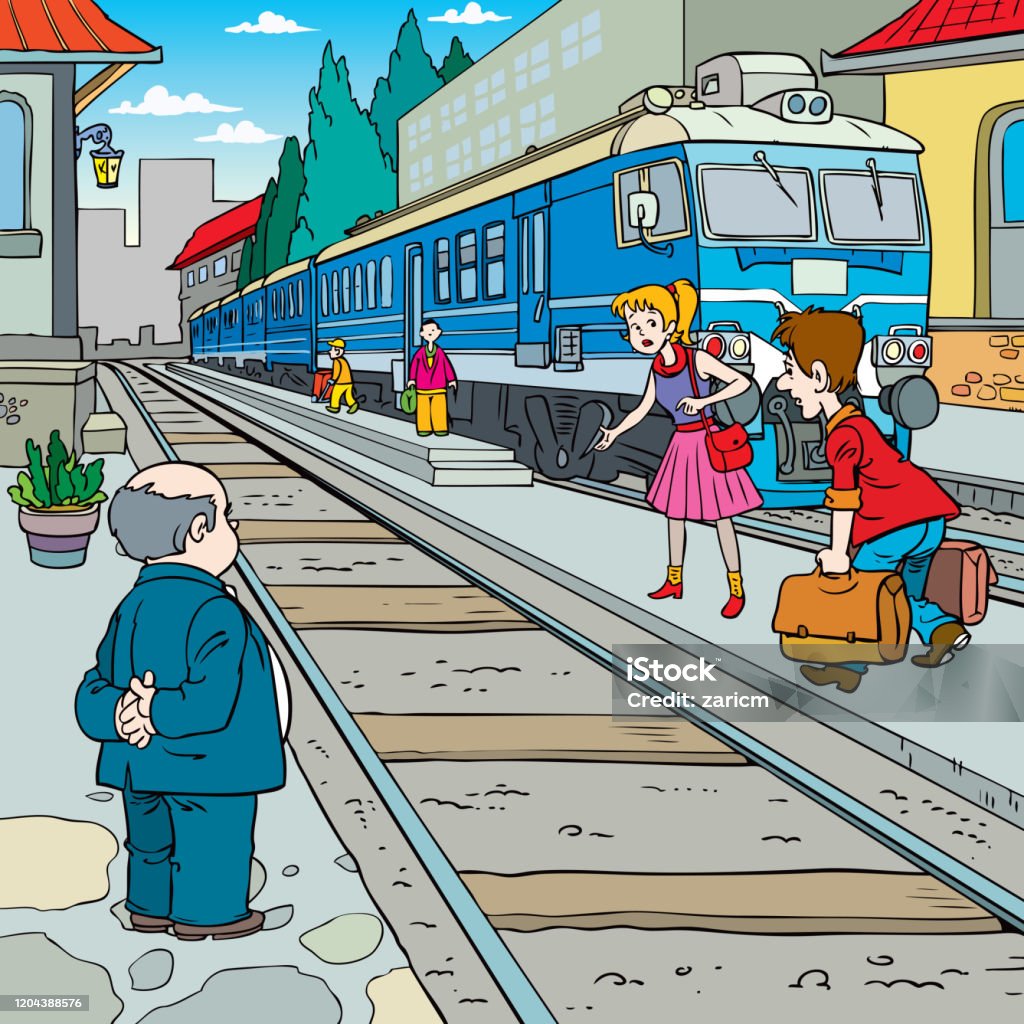 鉄道駅。人々はプラットホームから電車に乗る。 - イラスト素材...