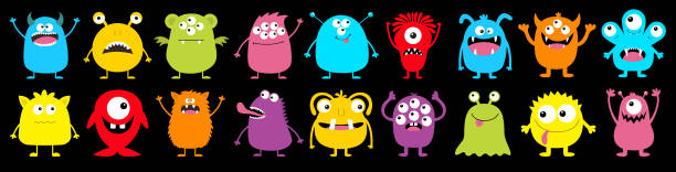 Happy Halloween. Monster colorful round silhouette icon super big set line. Cute cartoon kawaii scary funny baby character. Eyes, tongue, tooth fang, hands up. Black background. Flat design. Happy Halloween. Monster colorful round silhouette icon super big set line. Cute cartoon kawaii scary funny baby character. Eyes, tongue, tooth fang, hands up. Black background. Flat design. Vector monster stock illustrations