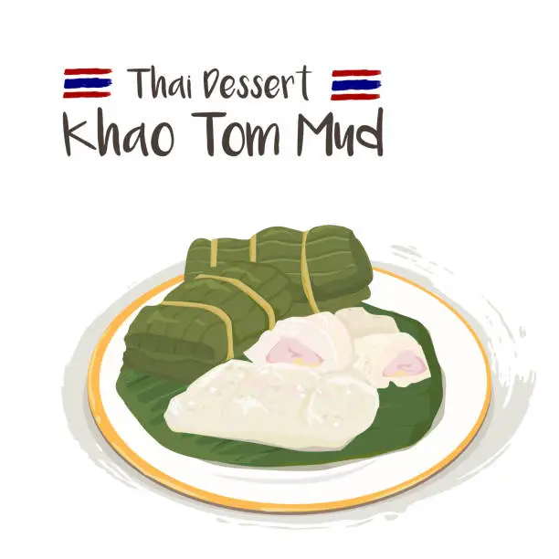 Vector illustration of Khao Tom Mud - Steamed Sticky Rice with Banana on white plate.