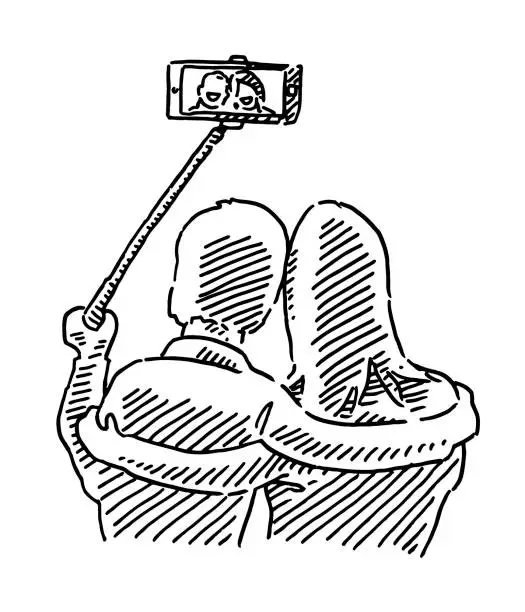 Vector illustration of Cuddling Couple Taking Selfie Drawing
