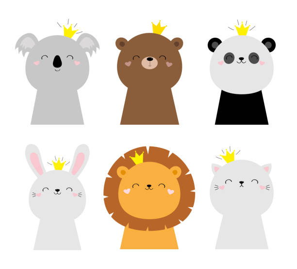 ilustrações de stock, clip art, desenhos animados e ícones de bunny rabbit hare lion koala bear cat face head icon set. kids print for poster, t-shirt. cute kawaii cartoon funny baby character. scandinavian style. golden crown. love flat design. white background - koala animal love cute