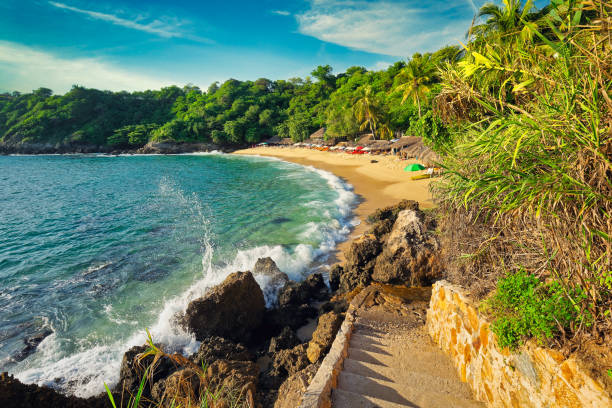 Carrizalillo Beach - Puerto Escondido sunset shot of beautiful Playa Carizalillo beach in Puerto Escondido (Oaxaca State, Mexico) on  the pacific ocean coast costa rican sunset stock pictures, royalty-free photos & images