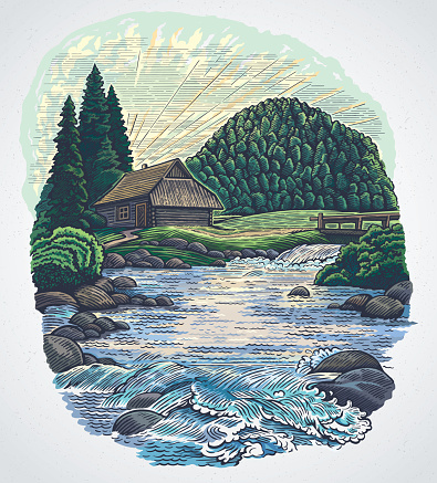 Countryside landscape in graphic style, with hut and mountain river and jumping fish.