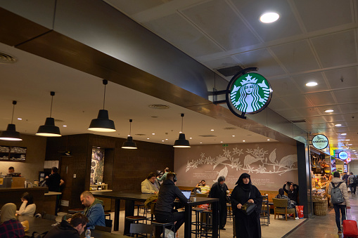 Istanbul Sabiha Gokcen Airport - January 2020. Starbucks Coffee cafe.