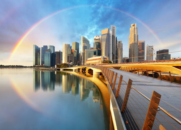singapurska dzielnica biznesowa z tęczą - rainbow harbor zdjęcia i obrazy z banku zdjęć