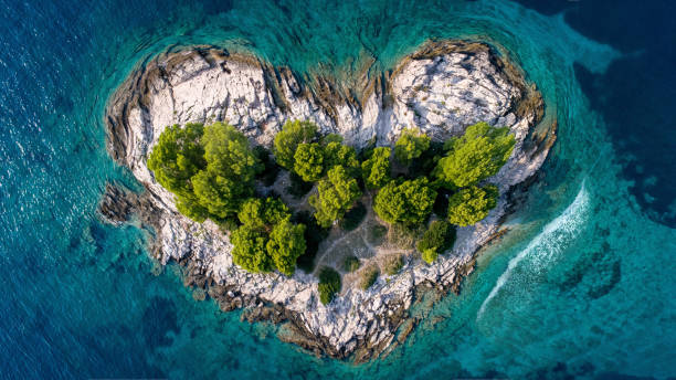 vista aerea dell'isola a forma di cuore. mare blu dell'oceano con onde e piccola foresta e costa rocciosa. - croatia nature tree plant foto e immagini stock