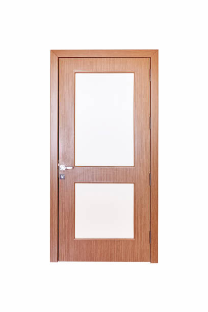 Brown office door with frosted glass isolated Brown office door with frosted glass isolated on white background frosted glass door office stock pictures, royalty-free photos & images