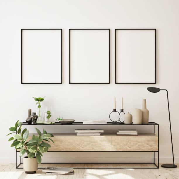 istock mock up poster frame in modern interior background, scandinavian style, 3D render 1204396884