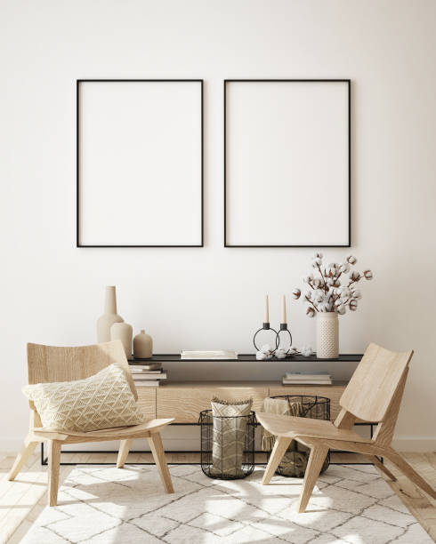 istock mock up poster frame in modern interior background, scandinavian style, 3D render 1204396896