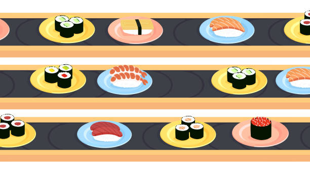 stockillustraties, clipart, cartoons en iconen met sushi transportbanden met een verscheidenheid aan verschillende sushi - sushischotel