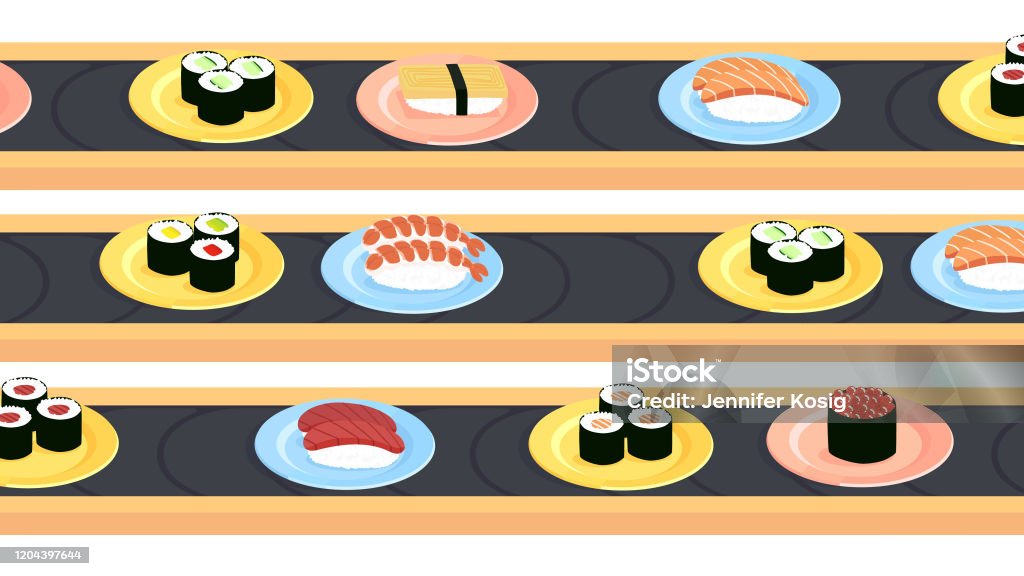 Sushi conveyer belts with a variety of different sushi Three sushi conveyer belts with a variety of different sushi dishes, like maki and nigiri. Perfectly usable for all food related subjects. Sushi stock illustration