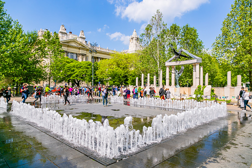 Budapest, Hungary - May 02, 2019: Dancing fountains in Liberty Square
