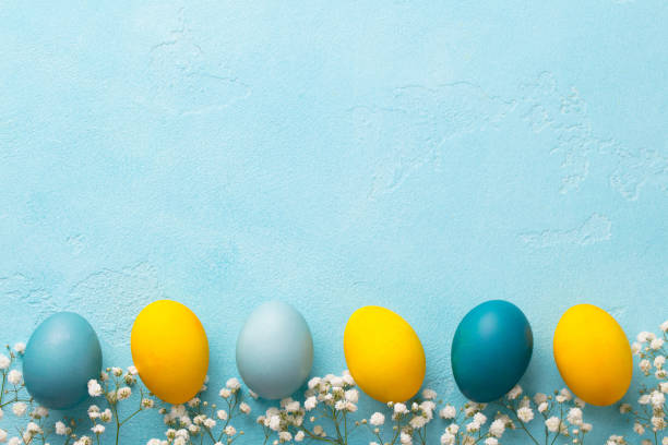 oeufs de pâques colorés avec des fleurs sur le fond bleu. vue du haut. copiez l’espace. - easter easter egg spring group of objects photos et images de collection