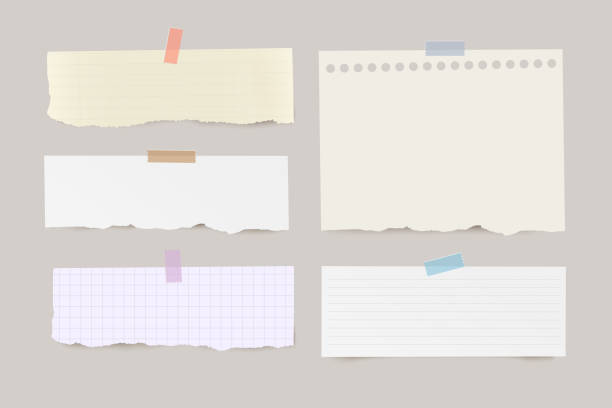 istock Set of torn horizontal different note papers with color adhesive tape on transparent background. 1204400820
