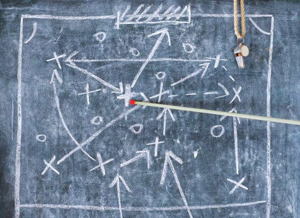 istock Soccer or football match strategy scribble with the trainers whistle and pointer stick on blackboard. Great soccer event in europe. 1204401115