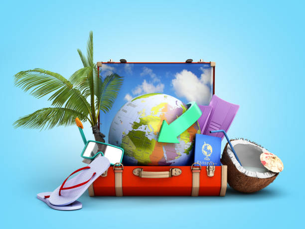 istock modern summer travel concept suitcase with a globe inside near accessories for summer holidays 3d render on blue gradient 1204402677