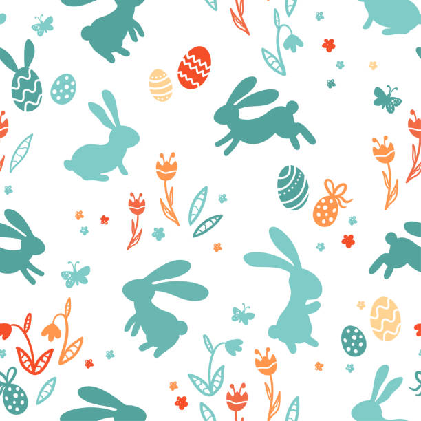 ilustrações de stock, clip art, desenhos animados e ícones de cute hand drawn easter bunnies seamless pattern, easter doodle background, great for textiles, banners, wallpapers, wrapping - vector design - easter egg pastel colored text easter
