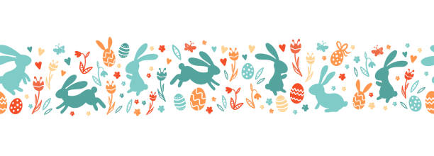 ilustrações de stock, clip art, desenhos animados e ícones de cute hand drawn easter bunnies horizontal seamless pattern, easter doodle background, great for textiles, banners, wallpapers, wrapping - vector design - easter egg pastel colored text easter