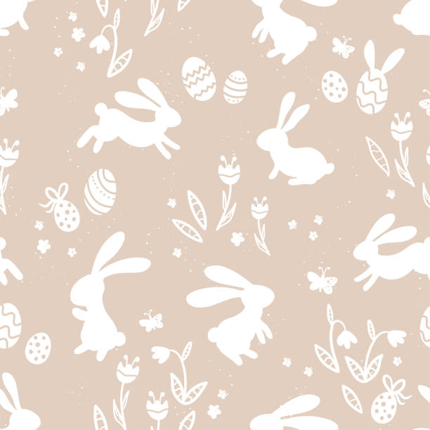 Cute hand drawn easter bunnies seamless pattern, easter doodle background, great for textiles, banners, wallpapers, wrapping - vector design Cute hand drawn easter bunnies seamless pattern, easter doodle background, great for textiles, banners, wallpapers, wrapping - vector design easter drawings stock illustrations