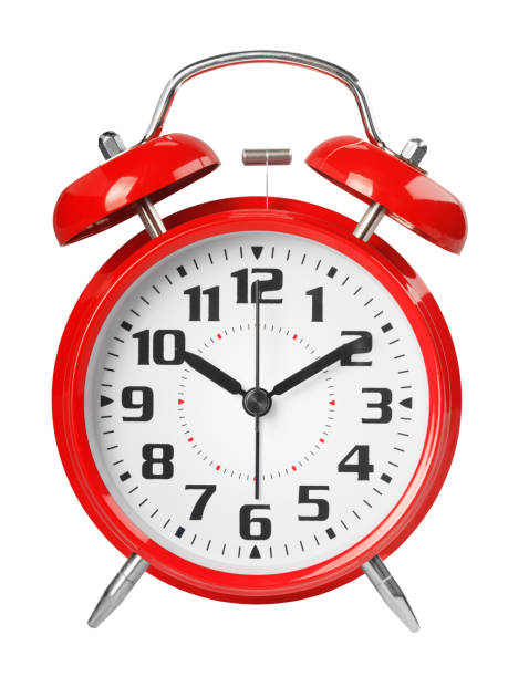 istock Red retro alarm clock, with a large dial, isolated on white background 1204407710