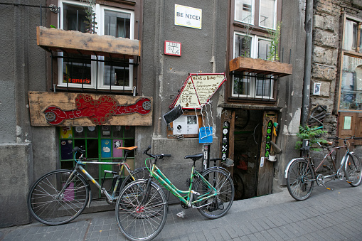 Budapest, Hungary - May 02, 2019: Bicycle mechanic at Kazinczy street. Budapest-Hungary