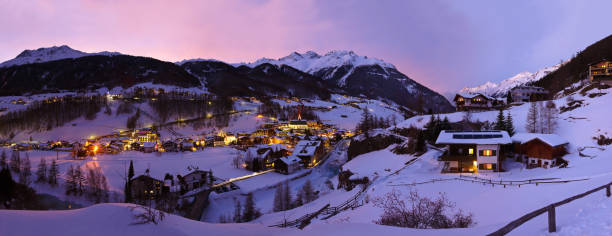 Mountains ski resort Solden Austria at sunset Mountains ski resort Solden Austria - nature and architecture background winter village austria tirol stock pictures, royalty-free photos & images