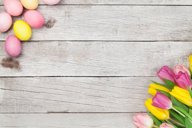 istock Easter greeting card with eggs and tulips 1204414158