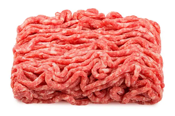 Photo of minced meat, pork, beef, forcemeat, clipping path, isolated on white background, full depth of field