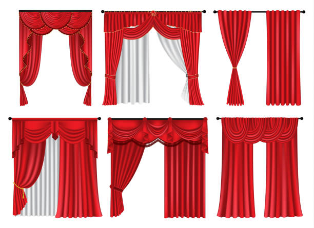 istock Set of red luxury curtains and draperies on white background 1204417522