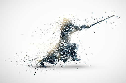 silhouette of a kendo player from particles. silver light background.