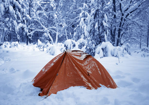istock Camping tent on snow in snowy winter forest after snowfall 1204422511