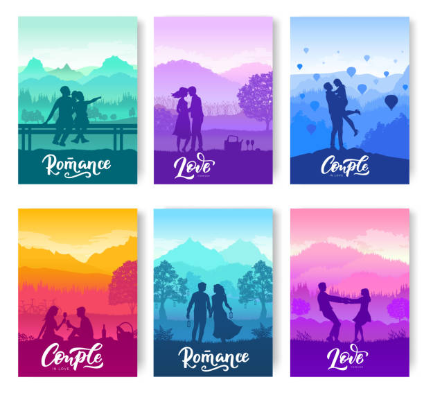 ilustrações de stock, clip art, desenhos animados e ícones de romantic date in nature brochure cards set - silhouette kissing park sunset