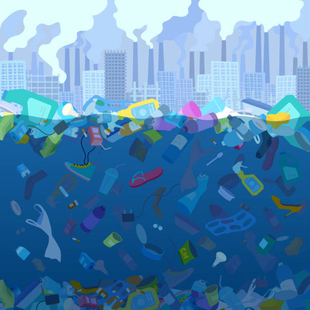 ilustraciones, imágenes clip art, dibujos animados e iconos de stock de contaminación ambiental. tubos humeantes. basura en el océano, el mar, el río. - pollution sea toxic waste garbage