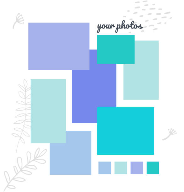 Creative mood board - colorful vector background template Creative mood board - colorful vector background template on white background. High quality theme for photos. Blue, purple and green squares, frames. Collage design with geometric abstract shapes image montage photos stock illustrations