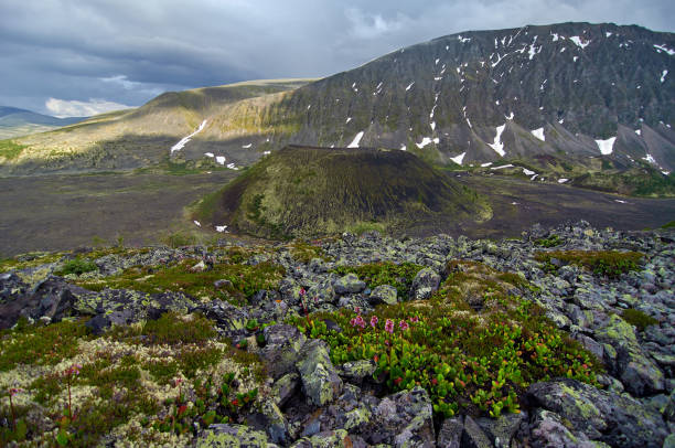 Cone of an extinct volcano surrounded by mountains and a lava field. Valley of volcanoes in Buryatia. East Sayan. Kropotkin Volcano. Russia.